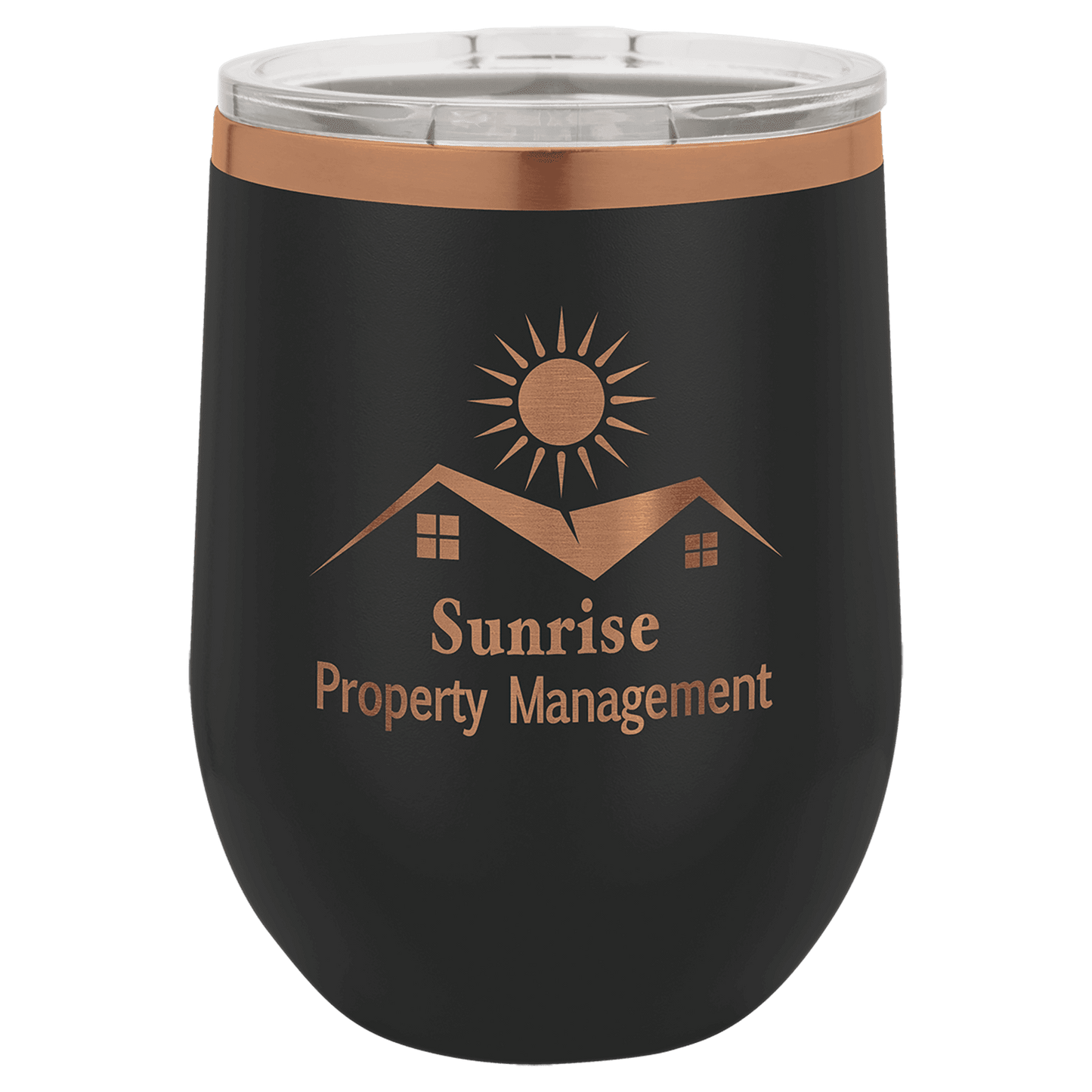 Personalized 12 oz. Black/Rose Gold Stemless Wine Tumbler with Lid