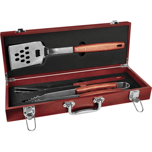 Personalized 3-Piece Rosewood BBQ Set in Rosewood Case