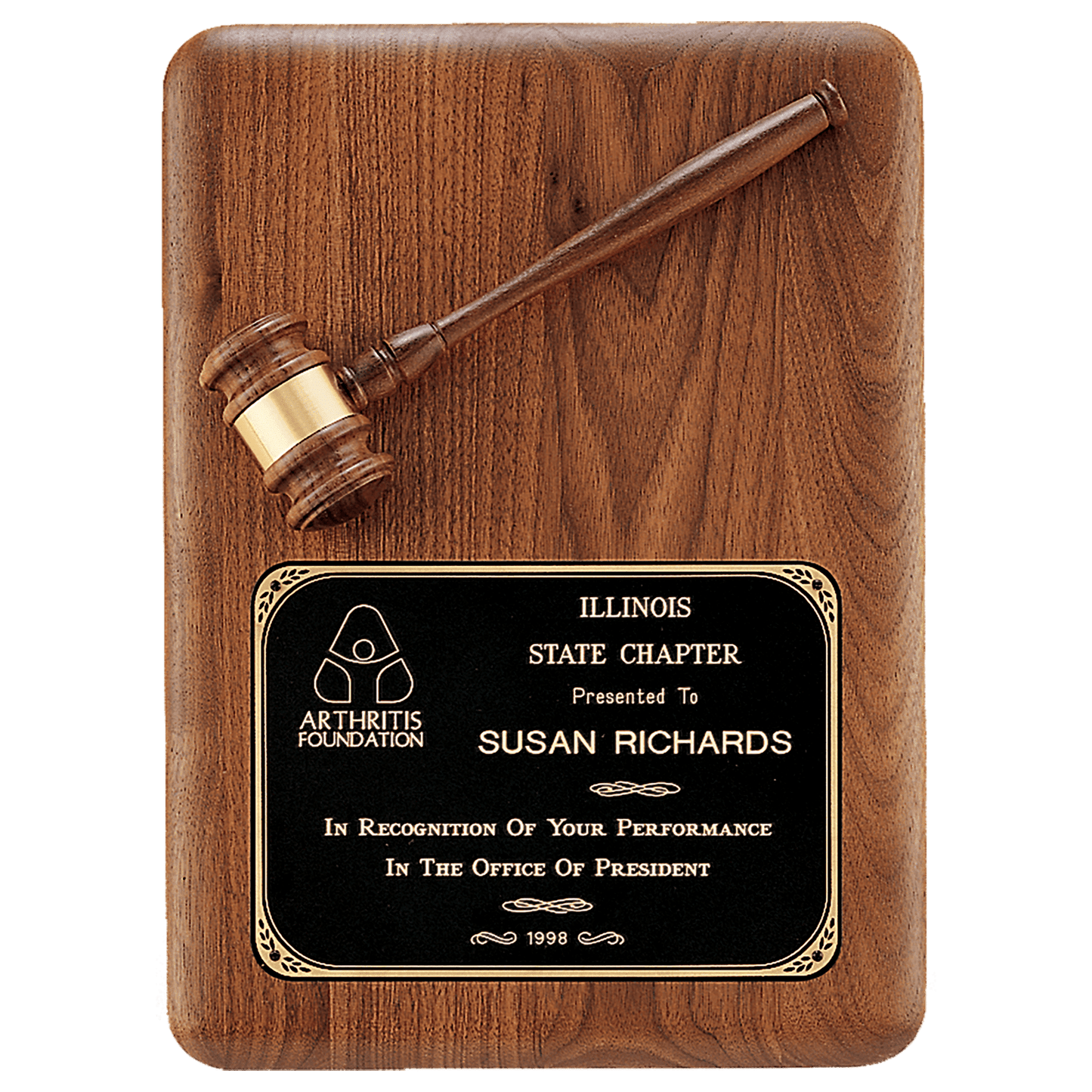 9x12 American walnut plaque with walnut gavel and black brass plate