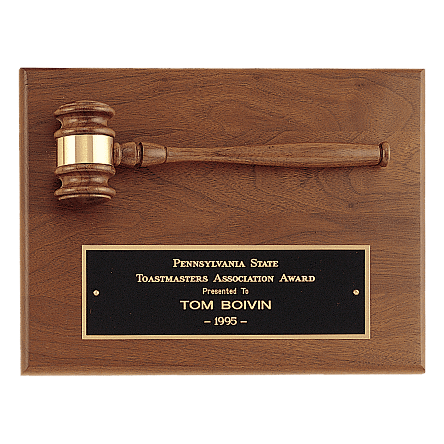 9x12 American walnut plaque with walnut gavel and black brass plate