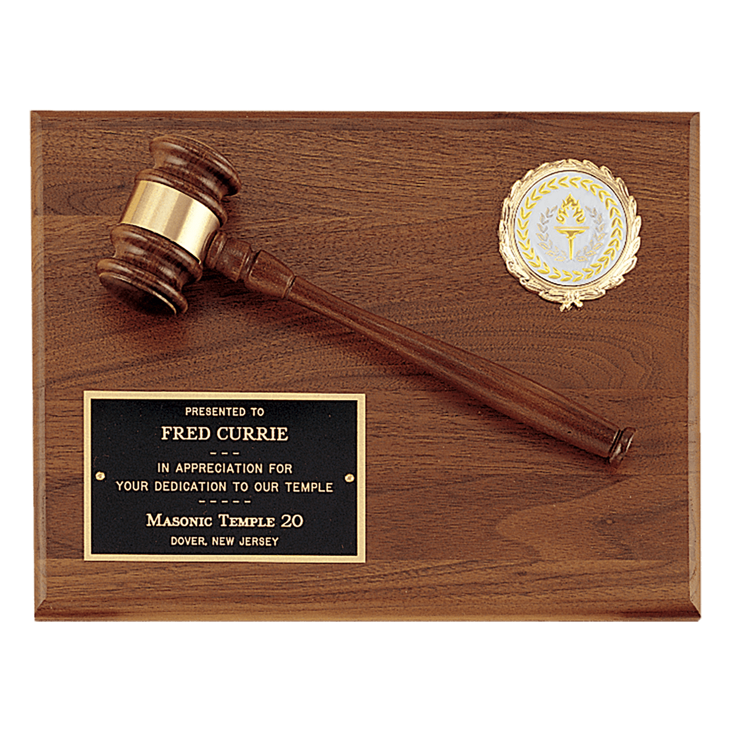 9x12 American walnut plaque with walnut gavel and Logo insert