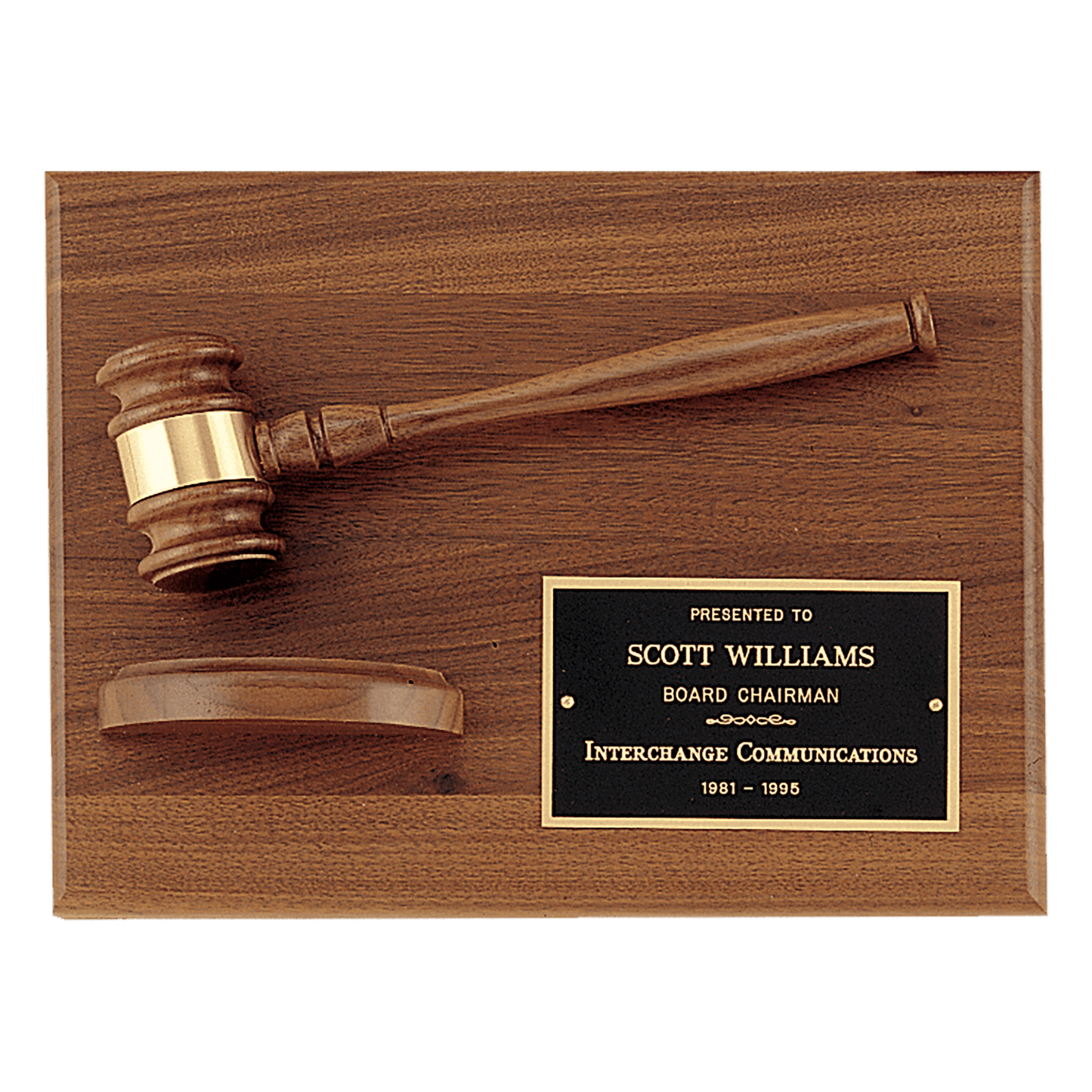 9x12 American walnut plaque with walnut gavel