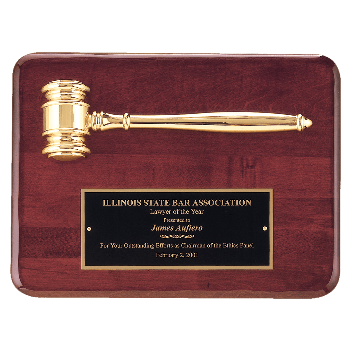 9x12 Rosewood stained piano finish plaque with a gold electroplated metal gavel